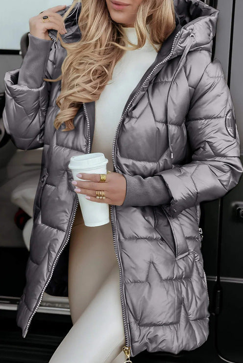 Women's Elegant Hooded Down Jacket - Lightweight Puffer Cardigan Coat for Winter