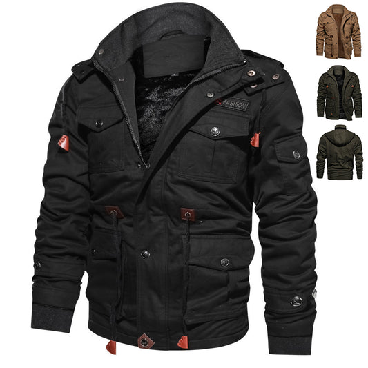 Men's Cargo Winter Jacket - Detachable Hood Multi-Pocket Zip-Up Coat