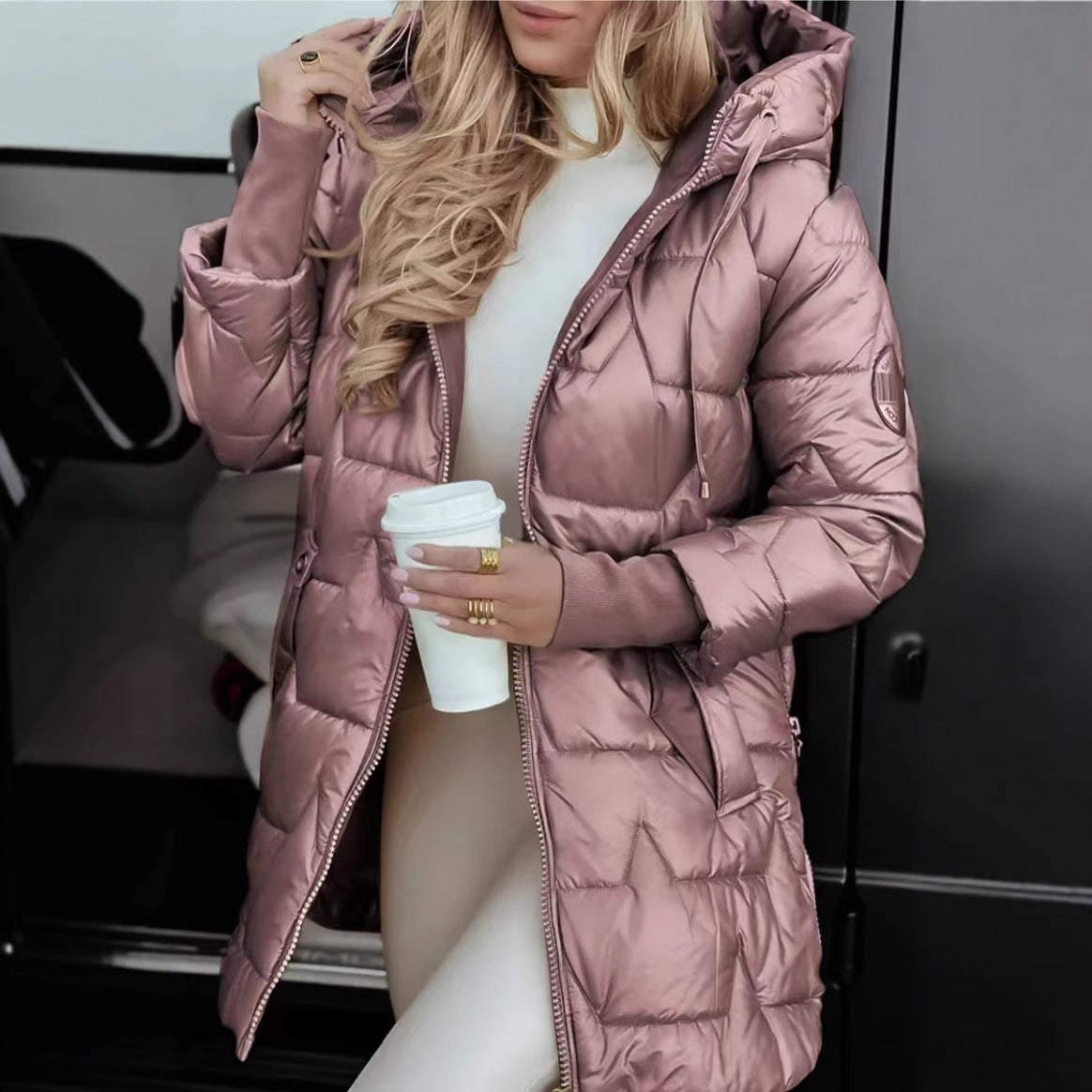 Women's Elegant Hooded Down Jacket - Lightweight Puffer Cardigan Coat for Winter