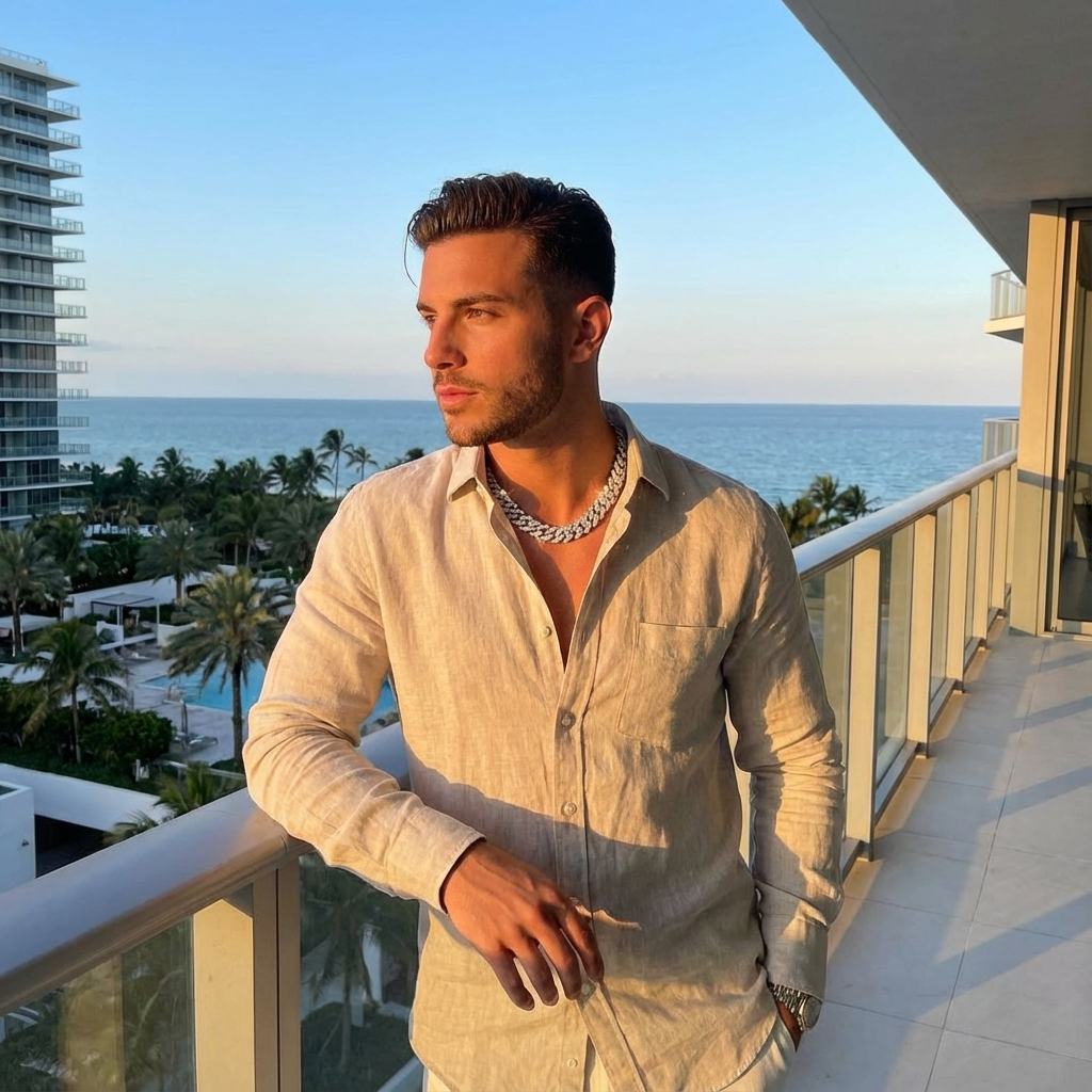 Man standing on a balcony overlooking an ocean view with palm trees and buildings in the background.