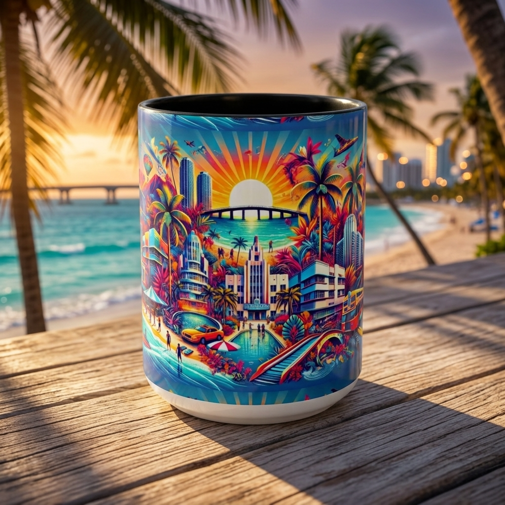 A ceramic mug with a colorful Miami Beach sunset illustration sits on a wooden deck with a blurred beach and palm tree background.