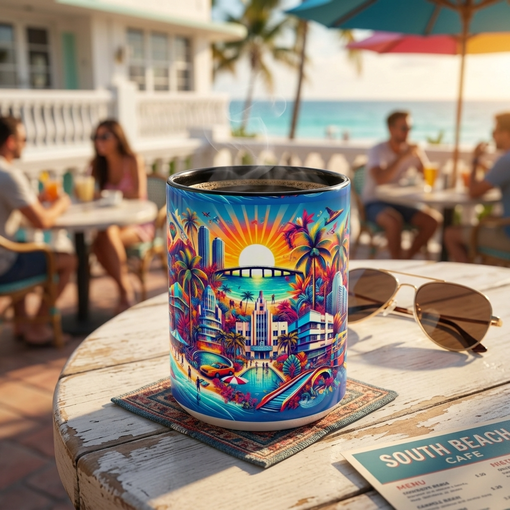 A colorful ceramic mug featuring a vibrant tropical beach and city skyline illustration sits on a rustic wooden table at an outdoor cafe. Sunglasses and a menu are nearby, with blurred people and the ocean in the background.