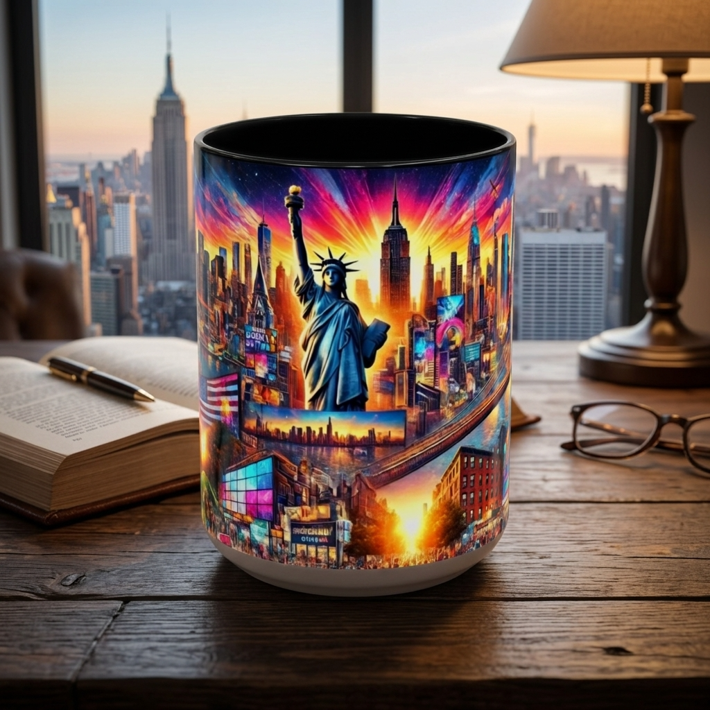 A ceramic mug featuring a vibrant, colorful New York City skyline illustration with the Statue of Liberty, set on a wooden desk in front of a window with a city view.