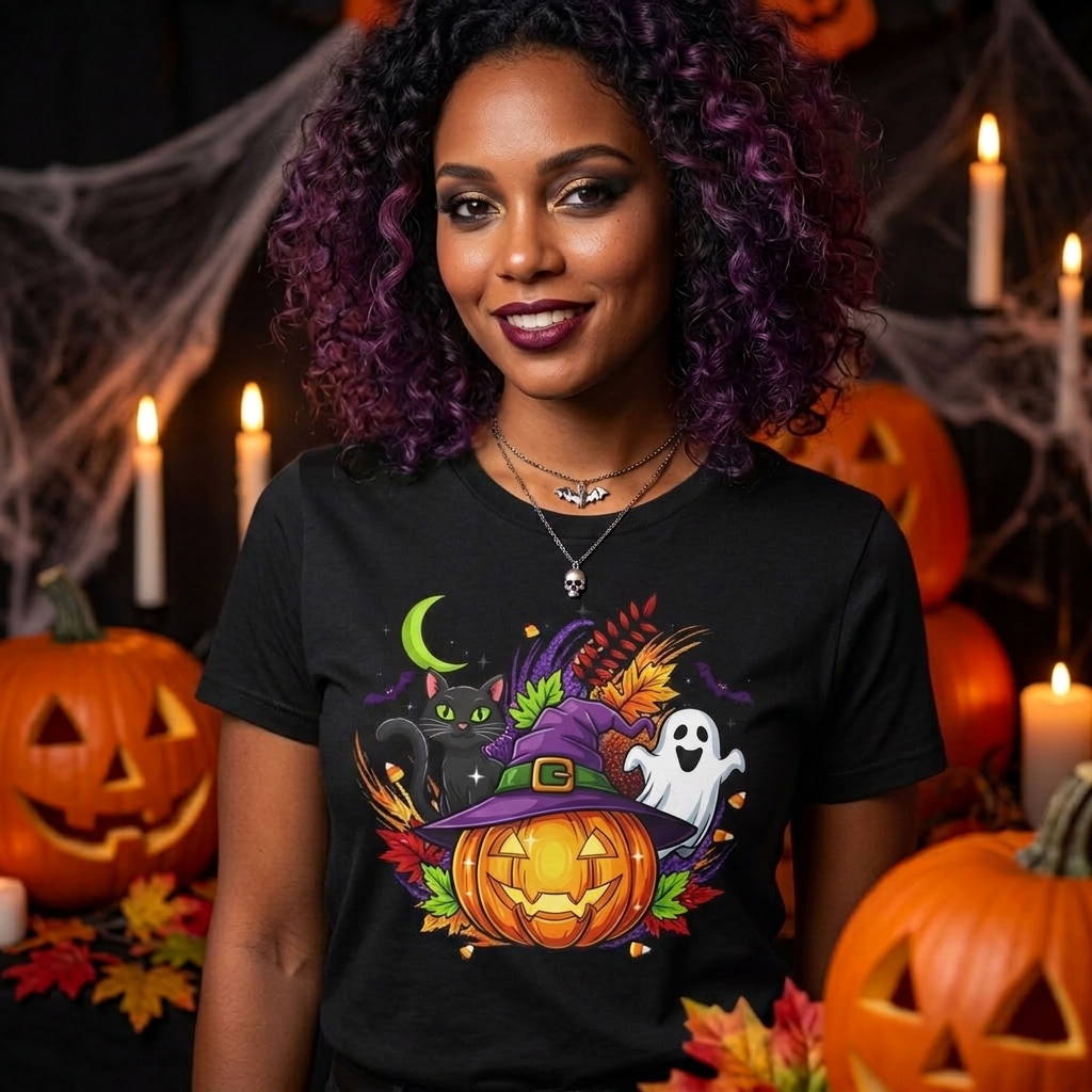 Halloween Graphic T-Shirt | Witch Hat Pumpkin Black Cat Ghost Spooky Tee