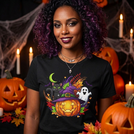 Halloween Graphic T-Shirt | Witch Hat Pumpkin Black Cat Ghost Spooky Tee