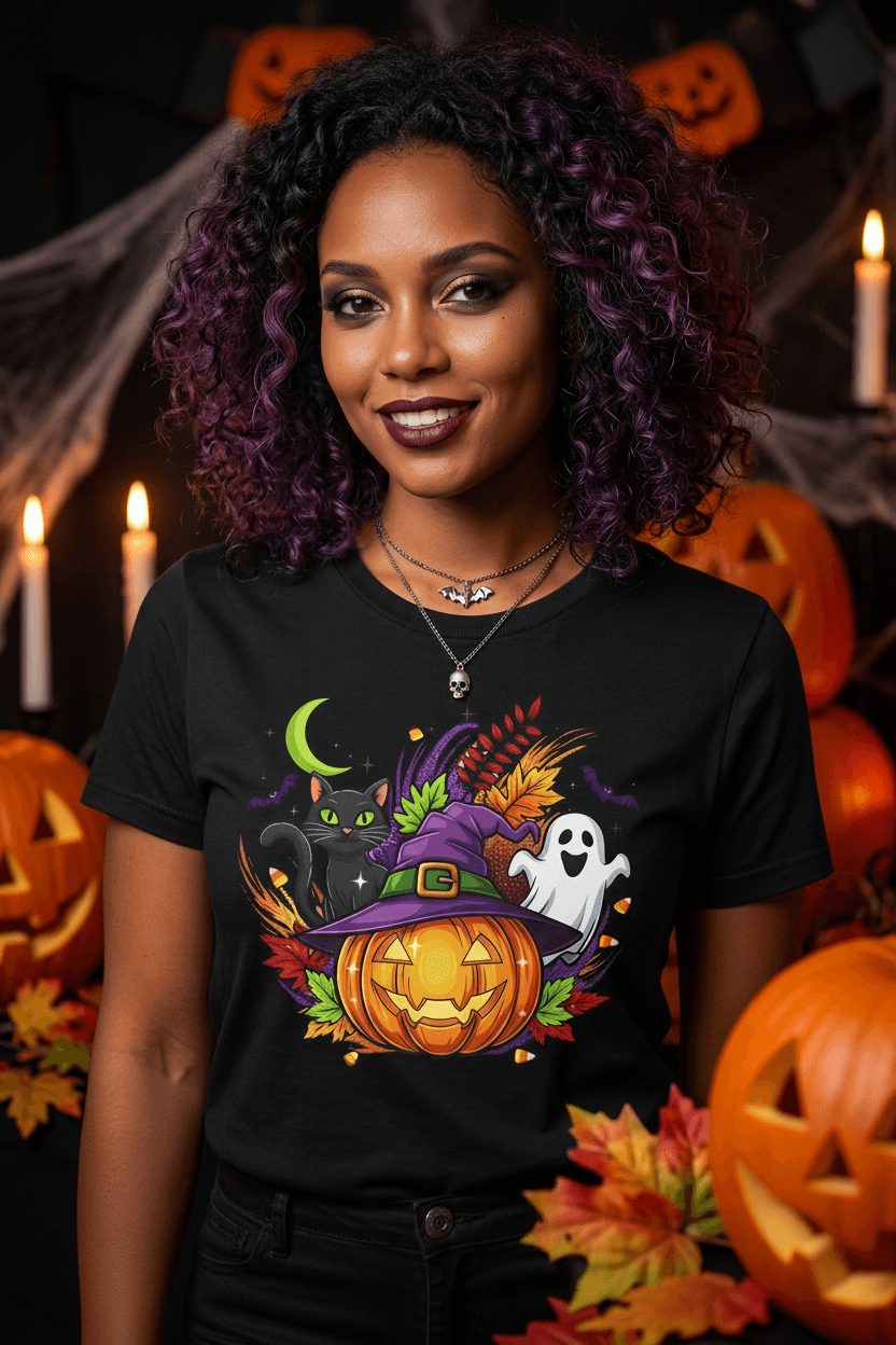 Halloween Graphic T-Shirt | Witch Hat Pumpkin Black Cat Ghost Spooky Tee