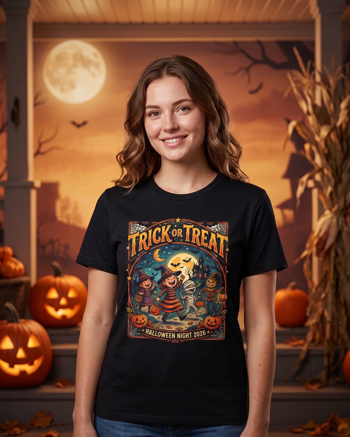 A young woman stands on a porch wearing a black graphic T-shirt with a colorful Halloween-themed 'Trick or Treat' design. The background features a warm orange-toned haunted house scene with pumpkins, cornstalks, and a full moon.