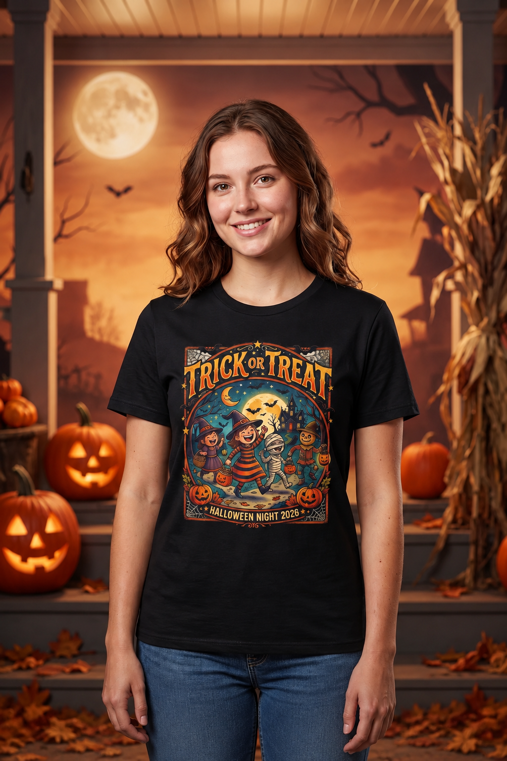 A young woman stands on a porch wearing a black graphic T-shirt with a colorful Halloween-themed 'Trick or Treat' design. The background features a warm orange-toned haunted house scene with pumpkins, cornstalks, and a full moon.