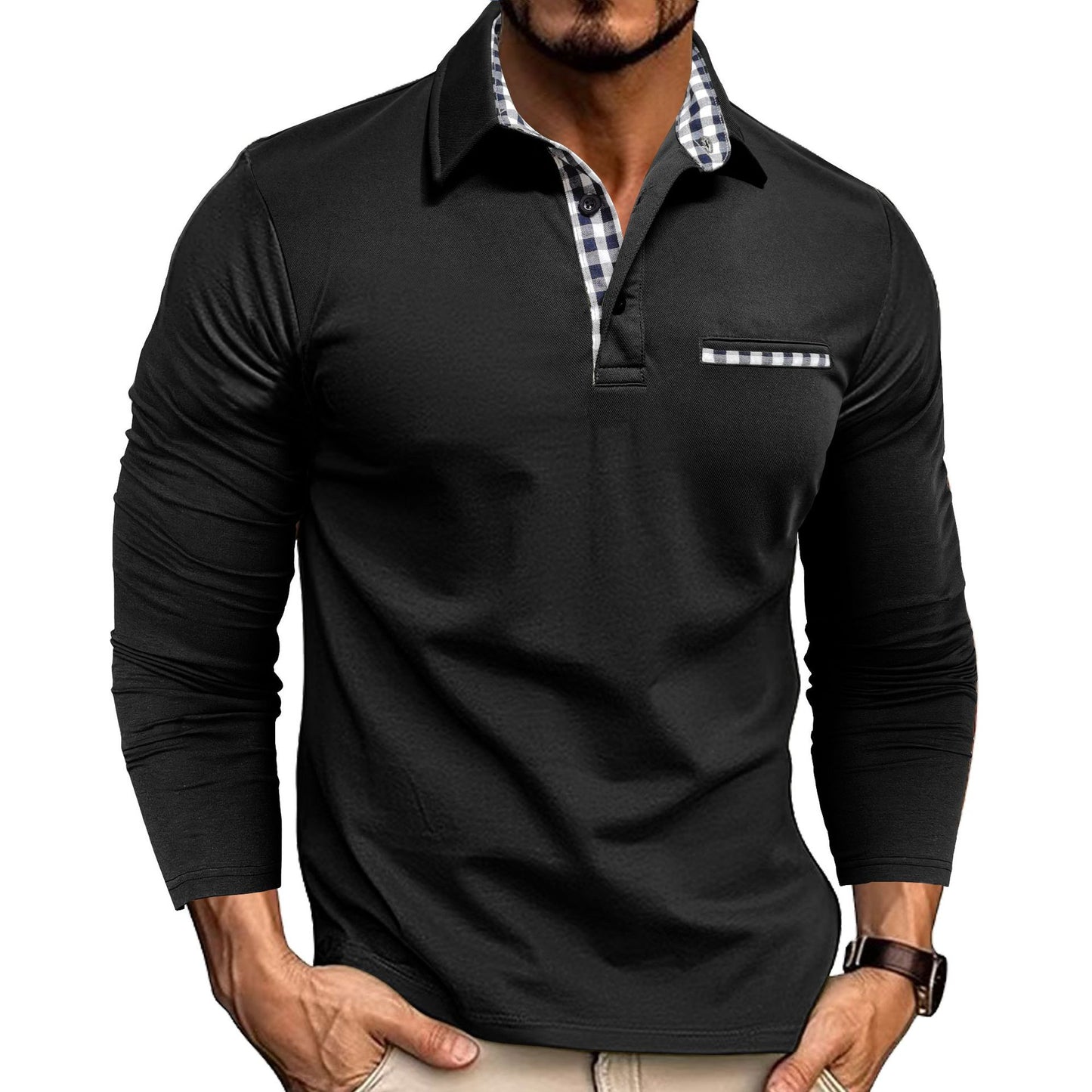 Men's Plaid Splicing Polo Shirt - Long Sleeve Lapel Collar Casual Top