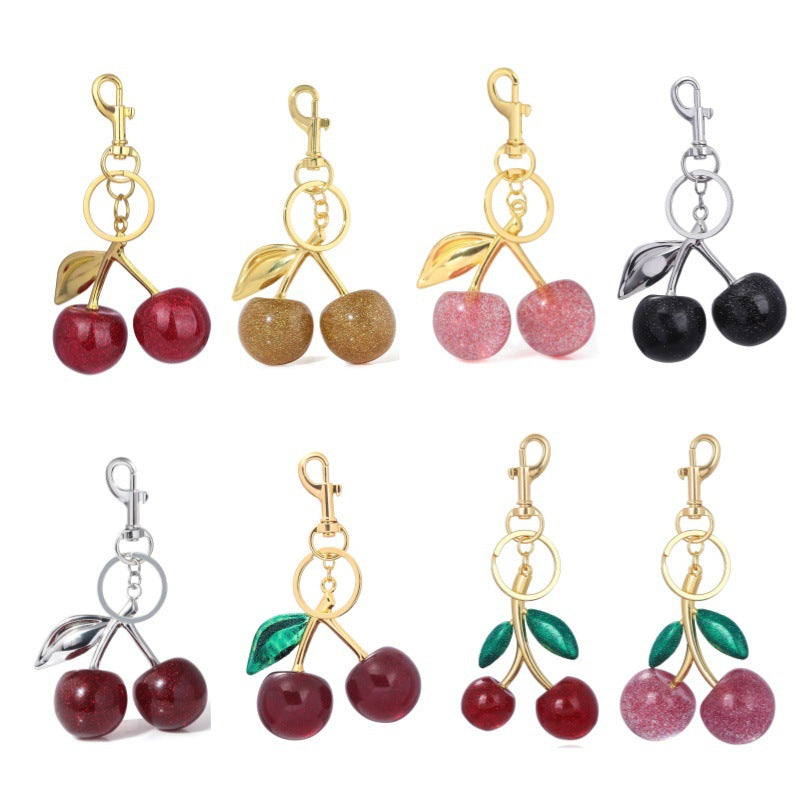 Red Cherry Crystal Keychain - Glitter Bag Charm Accessory (Pair)