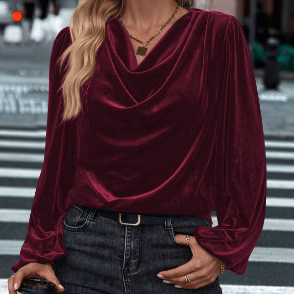 Women's Pile Collar Pullover Top - Loose Fit Long Sleeve Solid Color Shirt