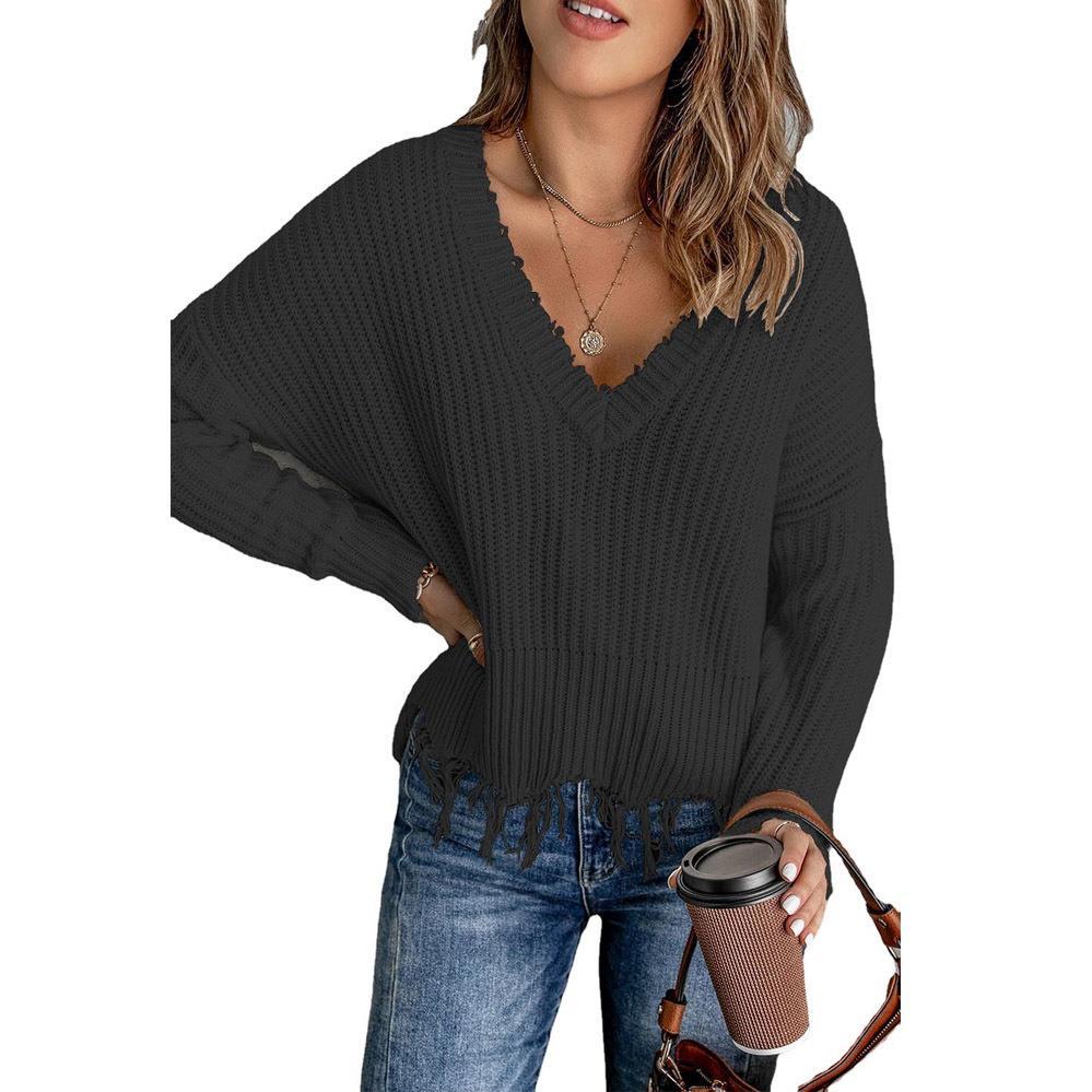 Women's Cotton Tassel Sweater - Ripped Knitted Fashion Pullover