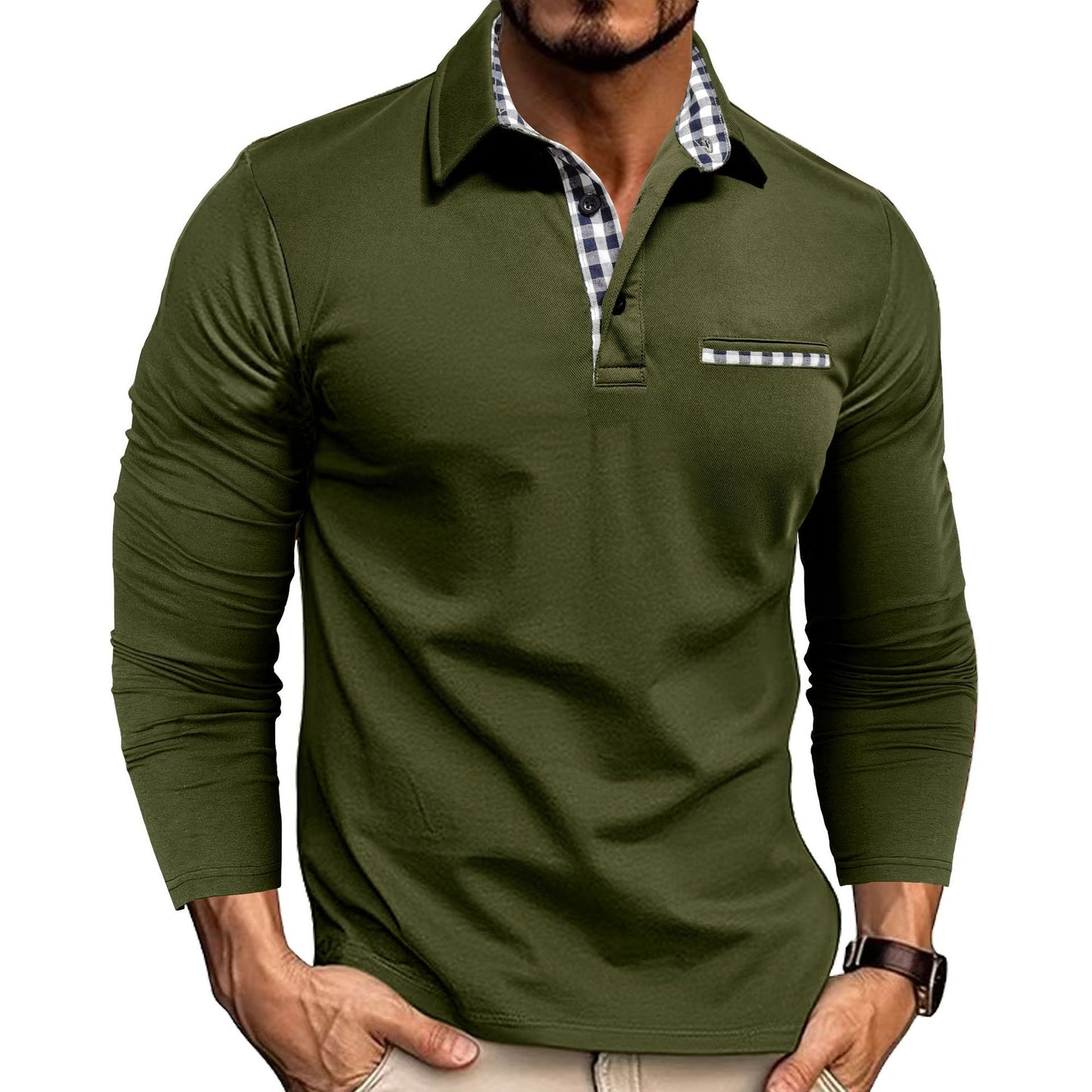 Men's Plaid Splicing Polo Shirt - Long Sleeve Lapel Collar Casual Top