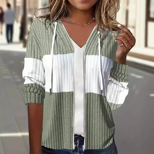 Women's Hooded Thermal Zipper Coat - Casual Long Sleeve Jacket with Concave Stripes