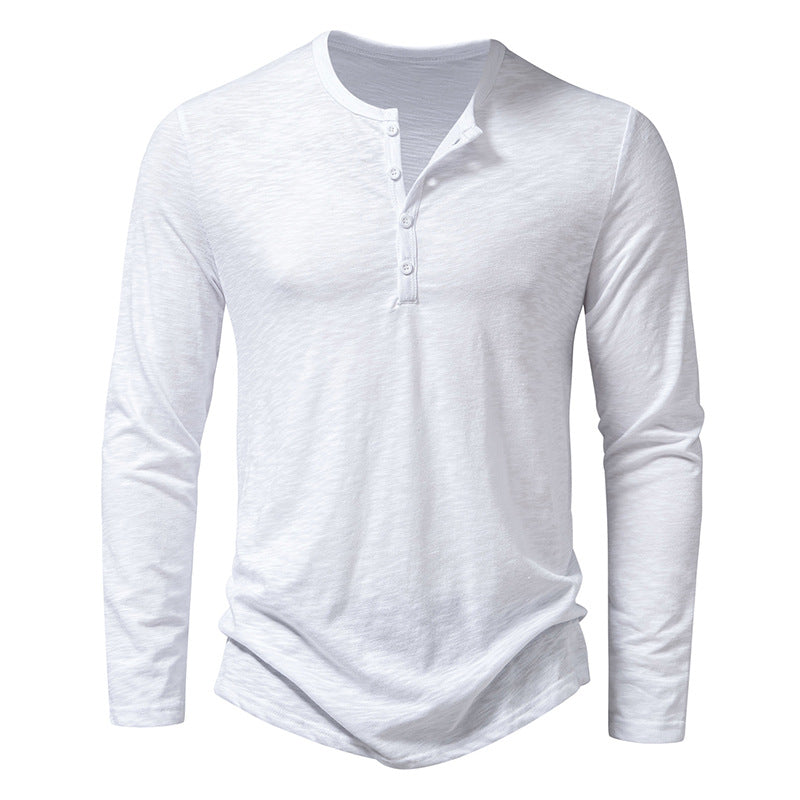 Men's Long Sleeve T-Shirt - Casual Solid Color Pullover with Button Detail