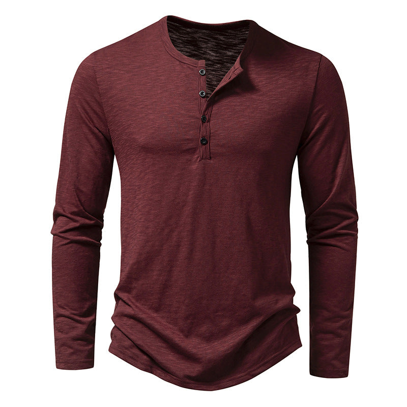 Men's Long Sleeve T-Shirt - Casual Solid Color Pullover with Button Detail