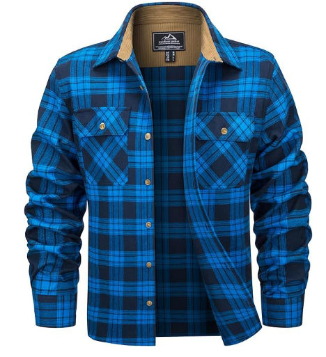 Men's Fleece-Lined Plaid Jacket - Long Sleeve Lapel Collar Winter Coat