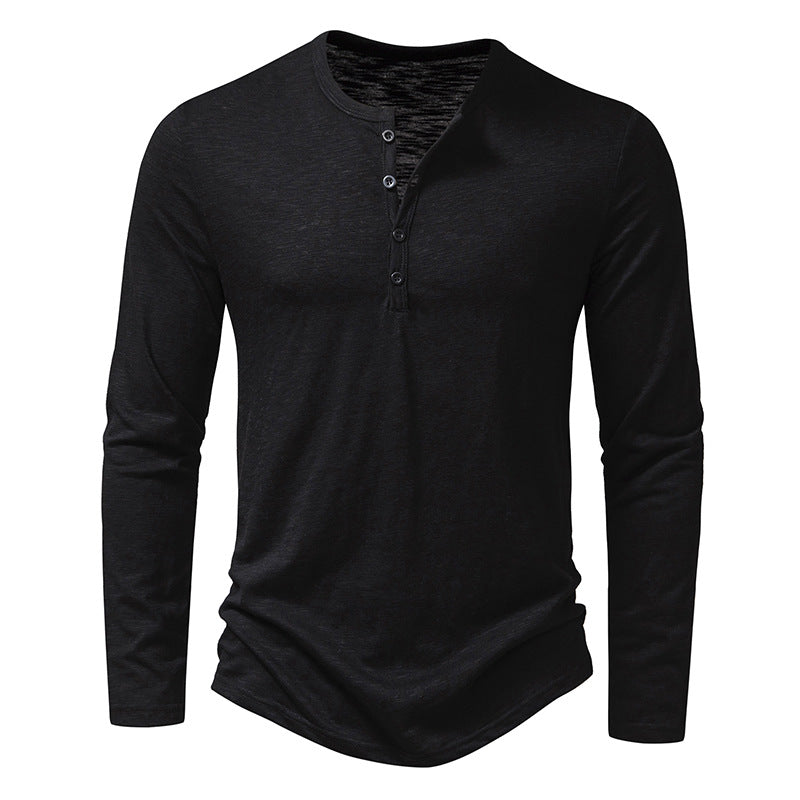 Men's Long Sleeve T-Shirt - Casual Solid Color Pullover with Button Detail