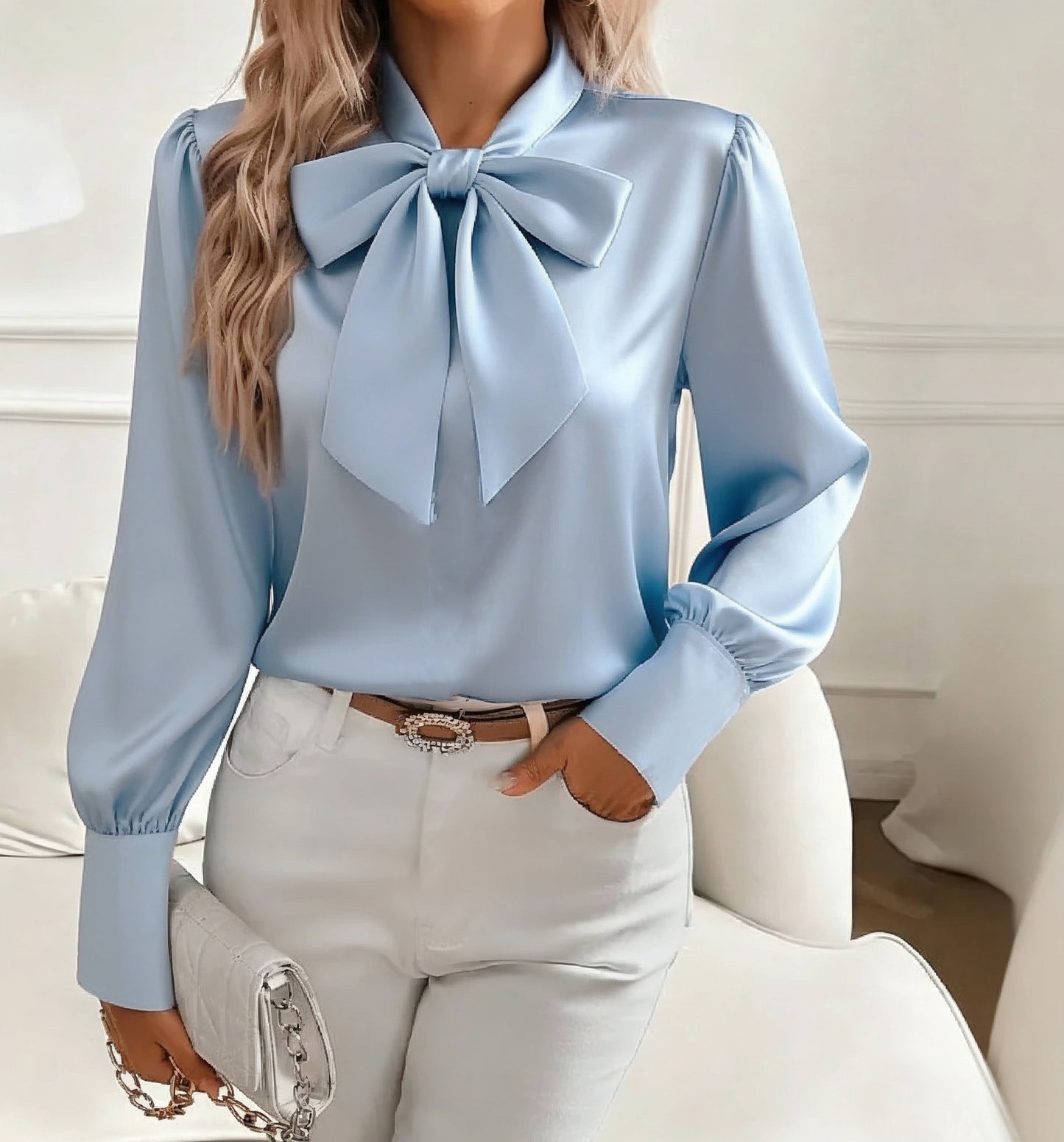 Women's Bow-tie Blouse - Fashion Lace-up Pullover Long Sleeve Commuter Top