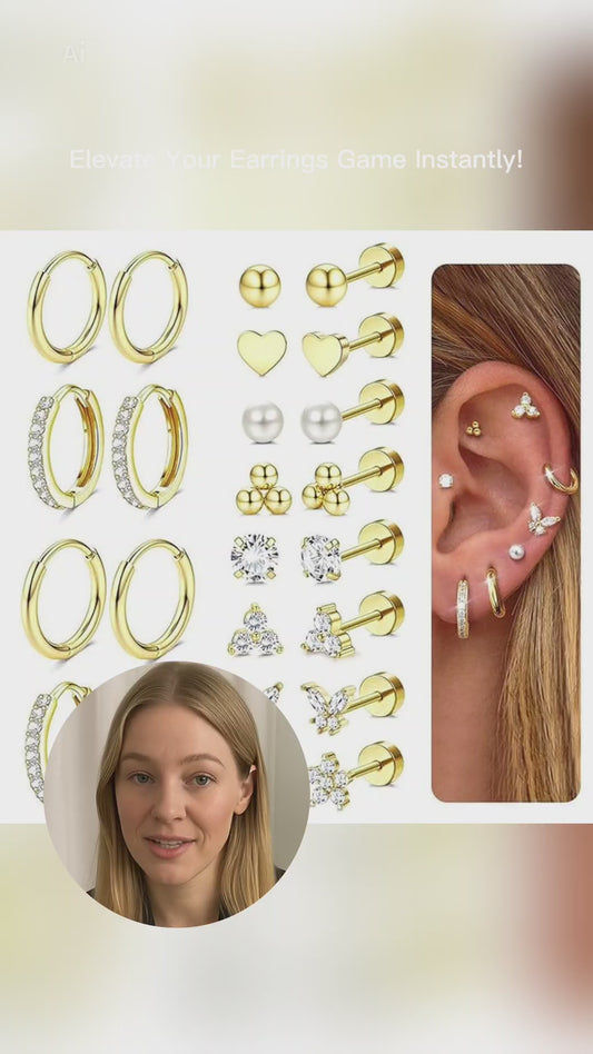 12-Pair 14K Gold Plated Earring Set – Hypoallergenic Studs & Huggie Hoops