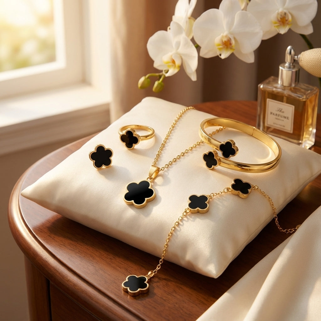 Gold jewelry set with black clover designs on a white pillow, next to a bottle of perfume.