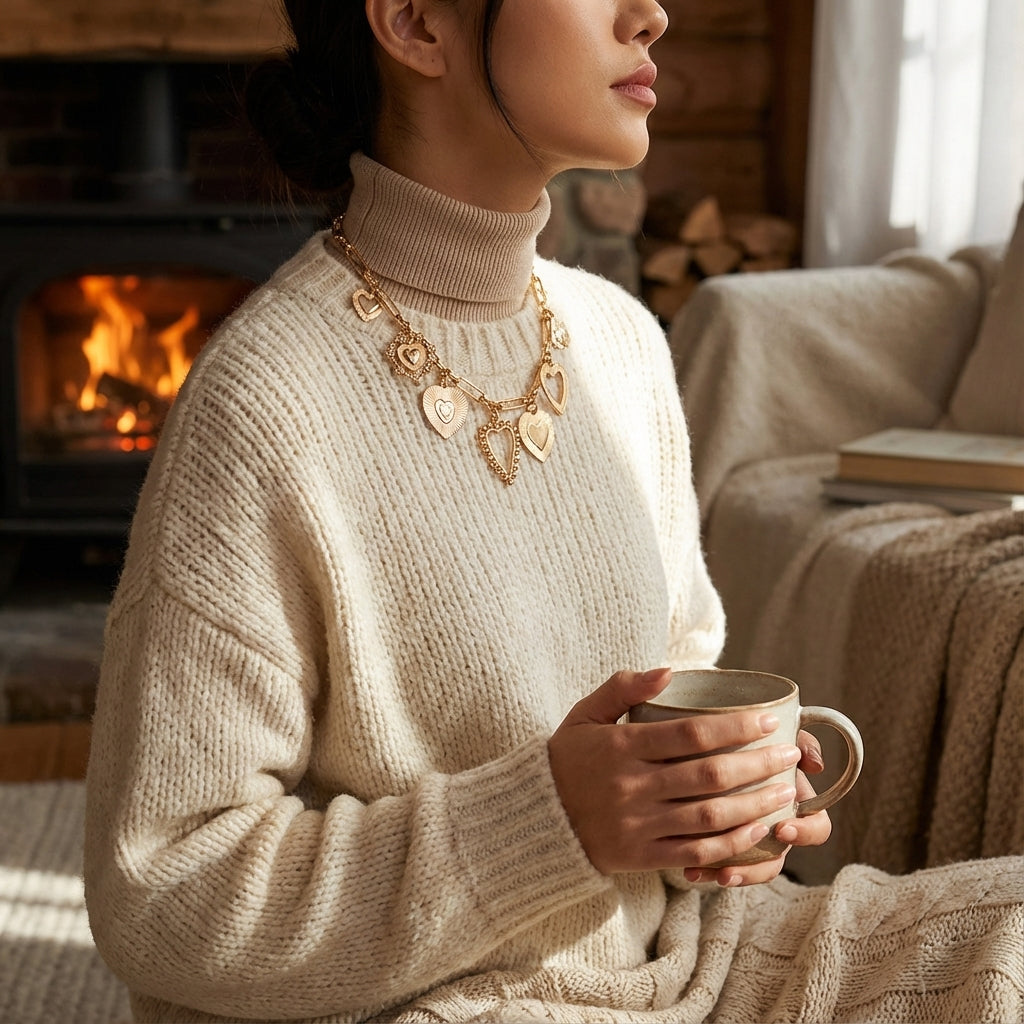 Woman in a cozy setting holding a mug with a fireplace in the background