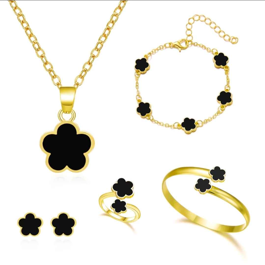 Lucky Five Leaf Clover Jewelry Set - Gold Plated Adjustable Charm Bracelet & Necklace