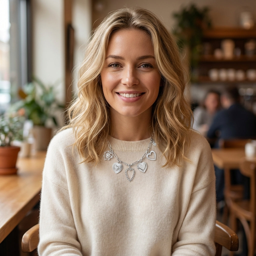 Woman wearing a beige sweater with heart-shaped charms in a cozy indoor setting.