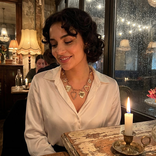 Woman sitting at a table with a lit candle in a cozy indoor setting