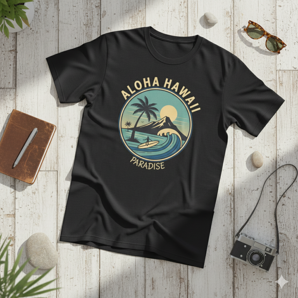 Black t-shirt with 'Aloha Hawaii Paradise' design on a wooden surface with accessories.