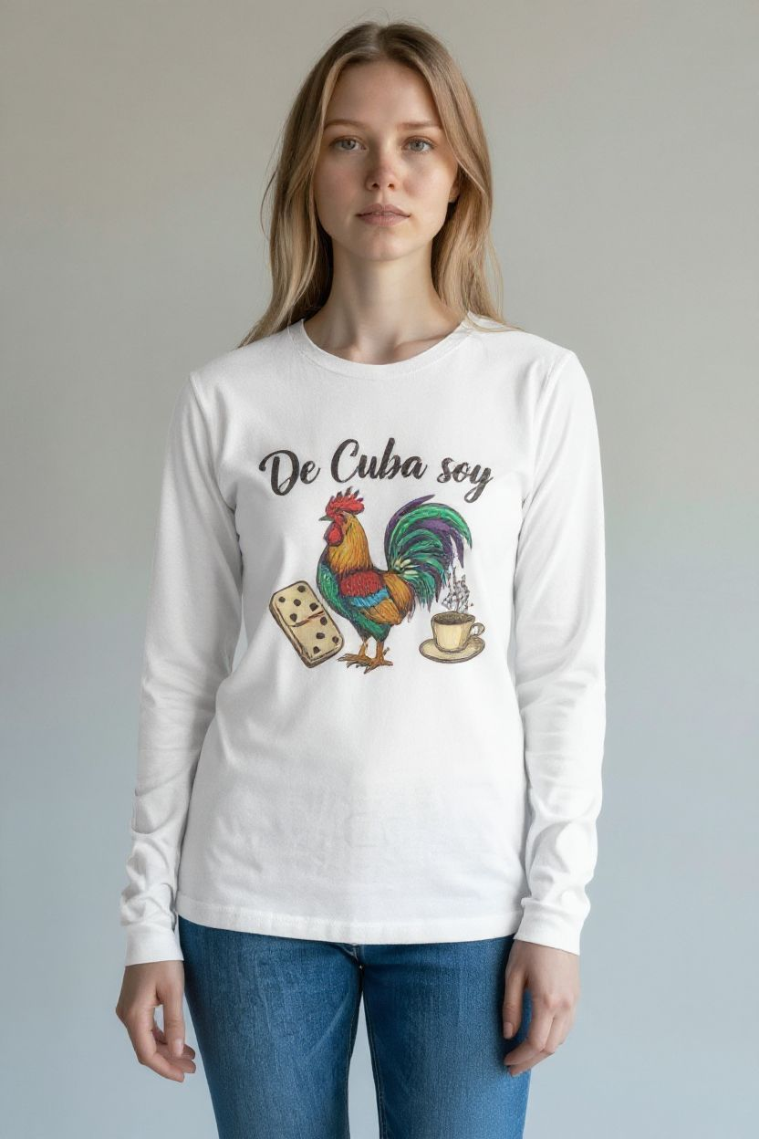 "De Cuba Soy" Long Sleeve Tee - Cuban Cultural Design with Rooster, Domino, and Coffee