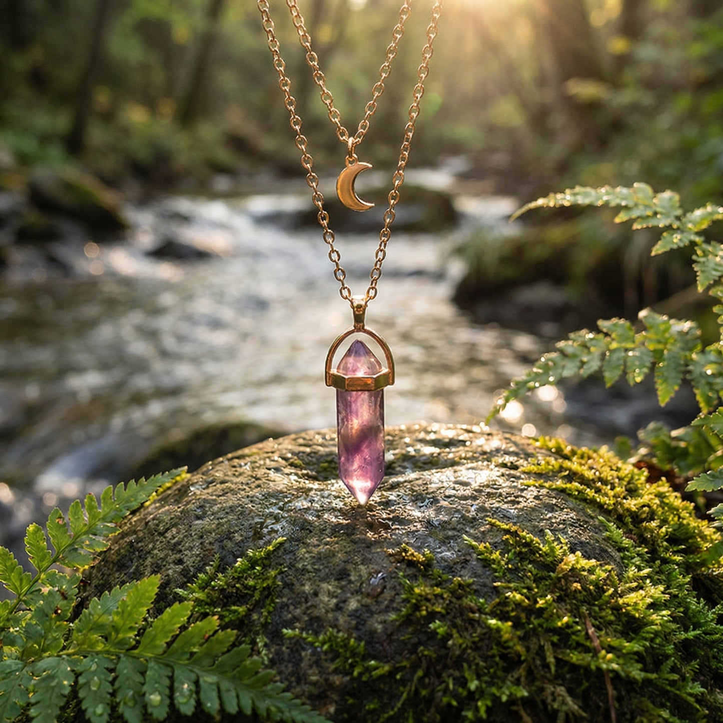 Moon Hexagonal Crystal Column Pendant Necklace - Geometric Statement Jewelry for Women