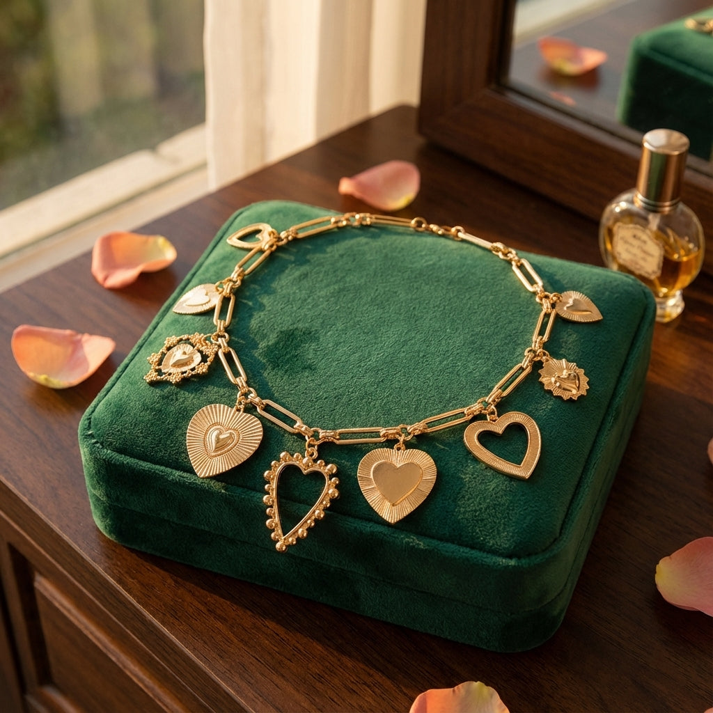 Gold necklace with heart charms on a green velvet pillow on a wooden surface.