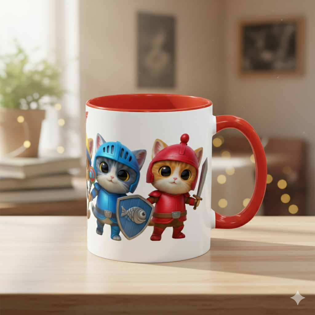 Mug with cartoon cat characters on a wooden table