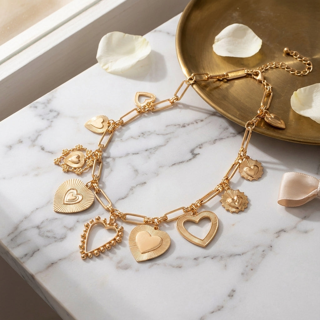 Gold bracelet with heart-shaped charms on a marble surface with white petals.