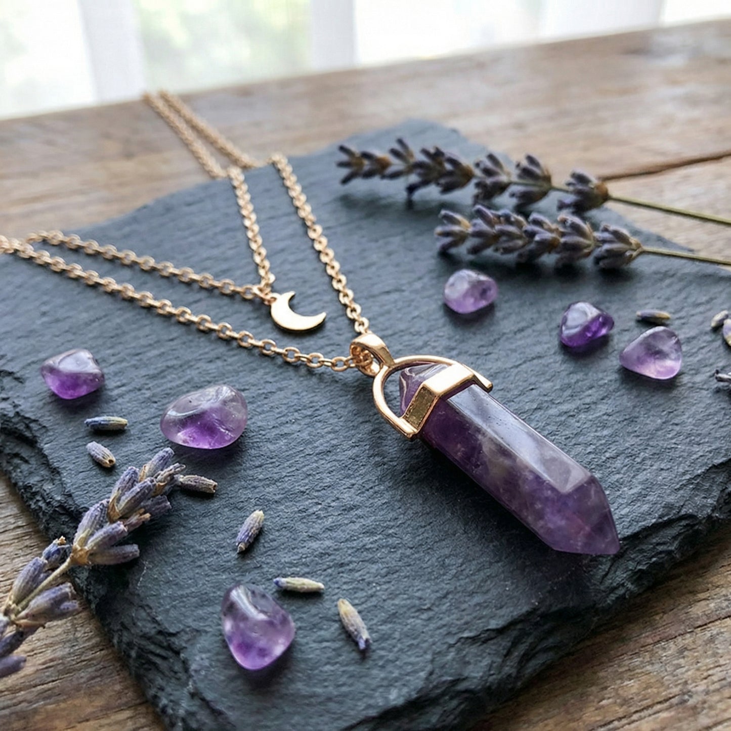 Moon Hexagonal Crystal Column Pendant Necklace - Geometric Statement Jewelry for Women