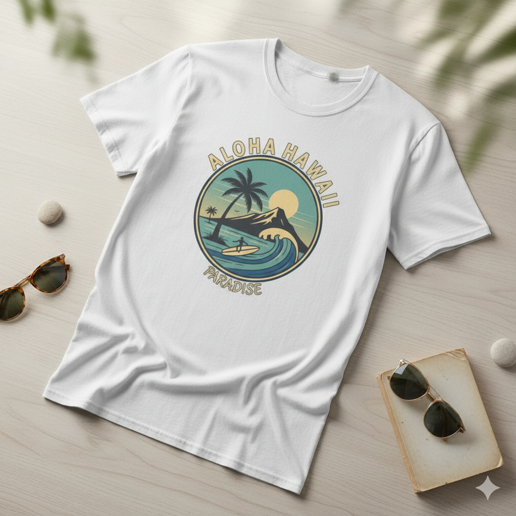 White t-shirt with 'Aloha Hawaii Paradise' graphic on a light wooden surface with sunglasses.