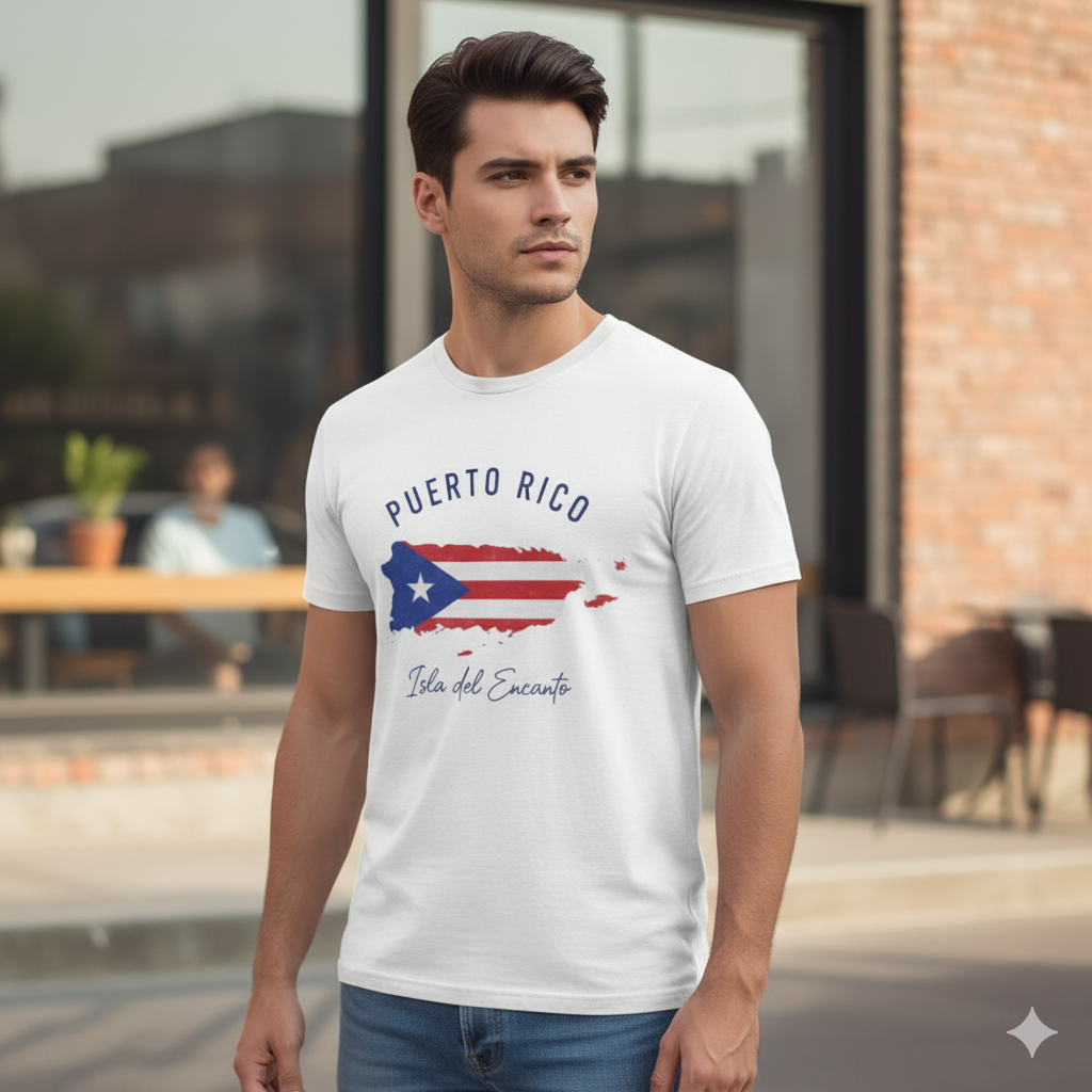 Man wearing a white t-shirt with Puerto Rico design outdoors