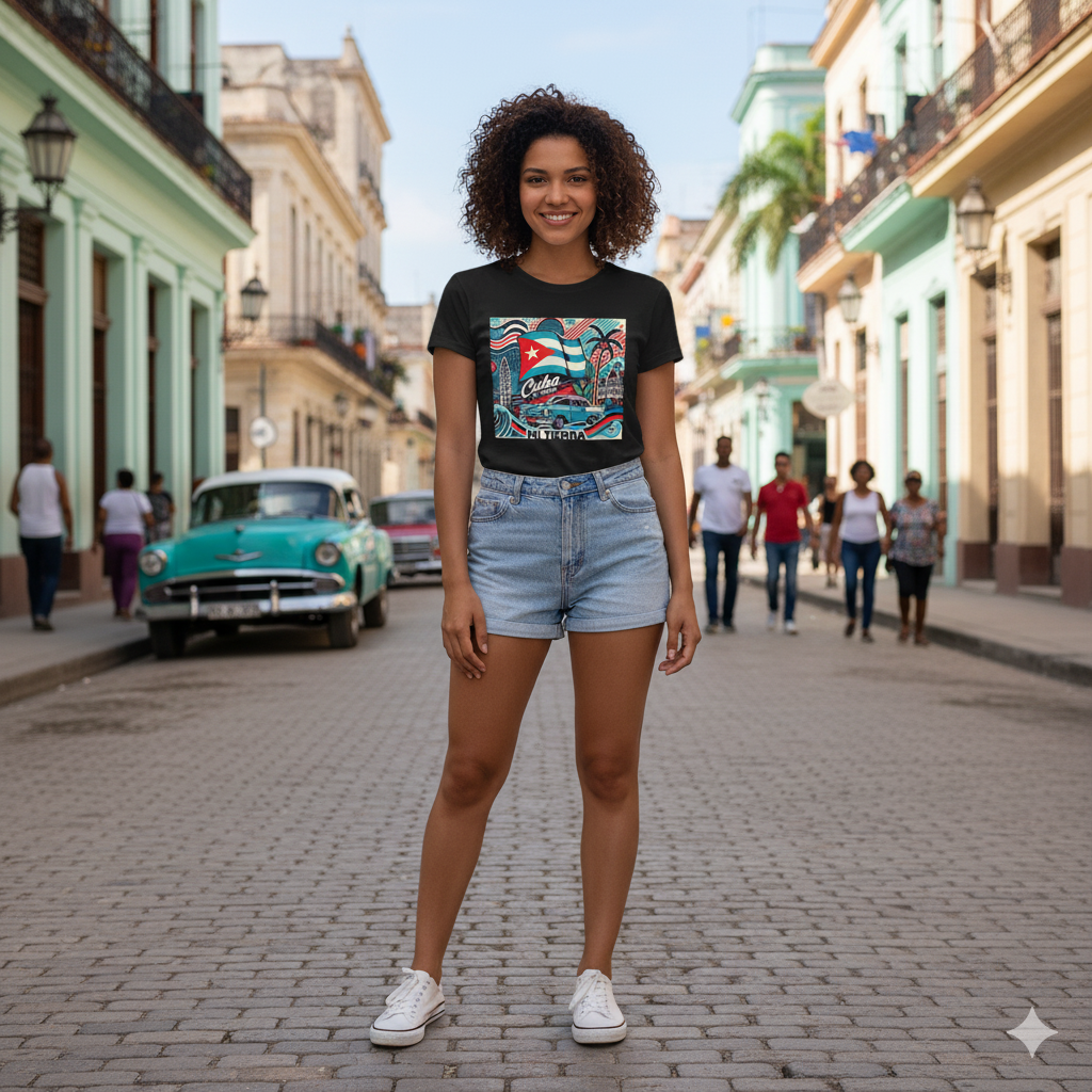 Woman standing on a street in a Cuban city wearing a t-shirt with a graphic design.